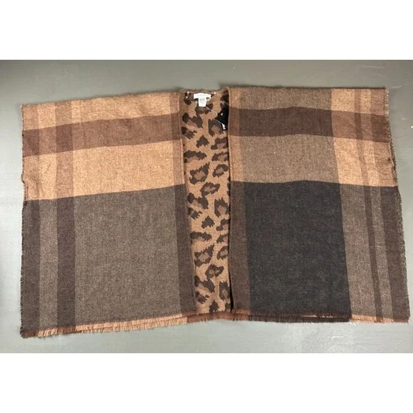 Nine West Reversible Wrap Scarf Plaid Leopard Brown Black Fringe NWT $50 MSRP - Picture 3 of 9